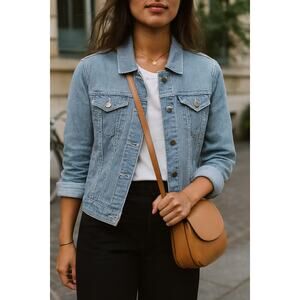 Max Jeans Blue White Striped Denim Trucker Jacket Women’s Medium Casual